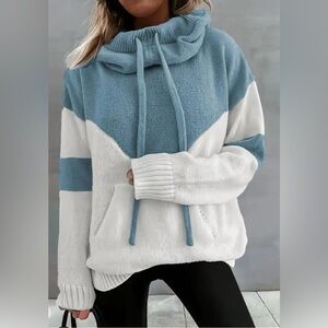 Stylish Cowl Neck Sweater in Blue and White